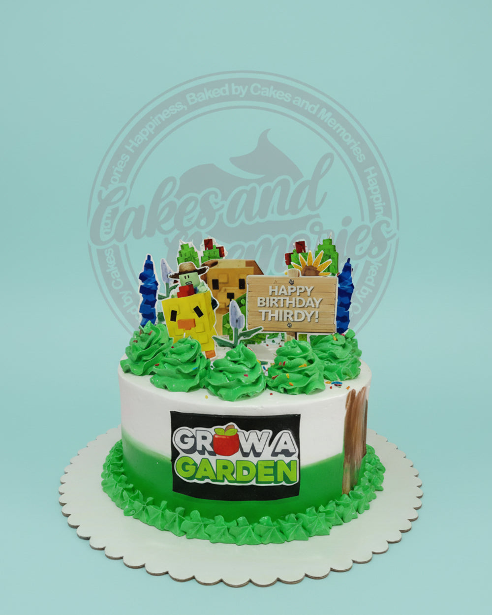 One-tier custom birthday cake with a Minecraft-inspired garden theme, featuring a farmer, house, plants, and 'Happy Birthday Thirsty' sign in green, white, and yellow.