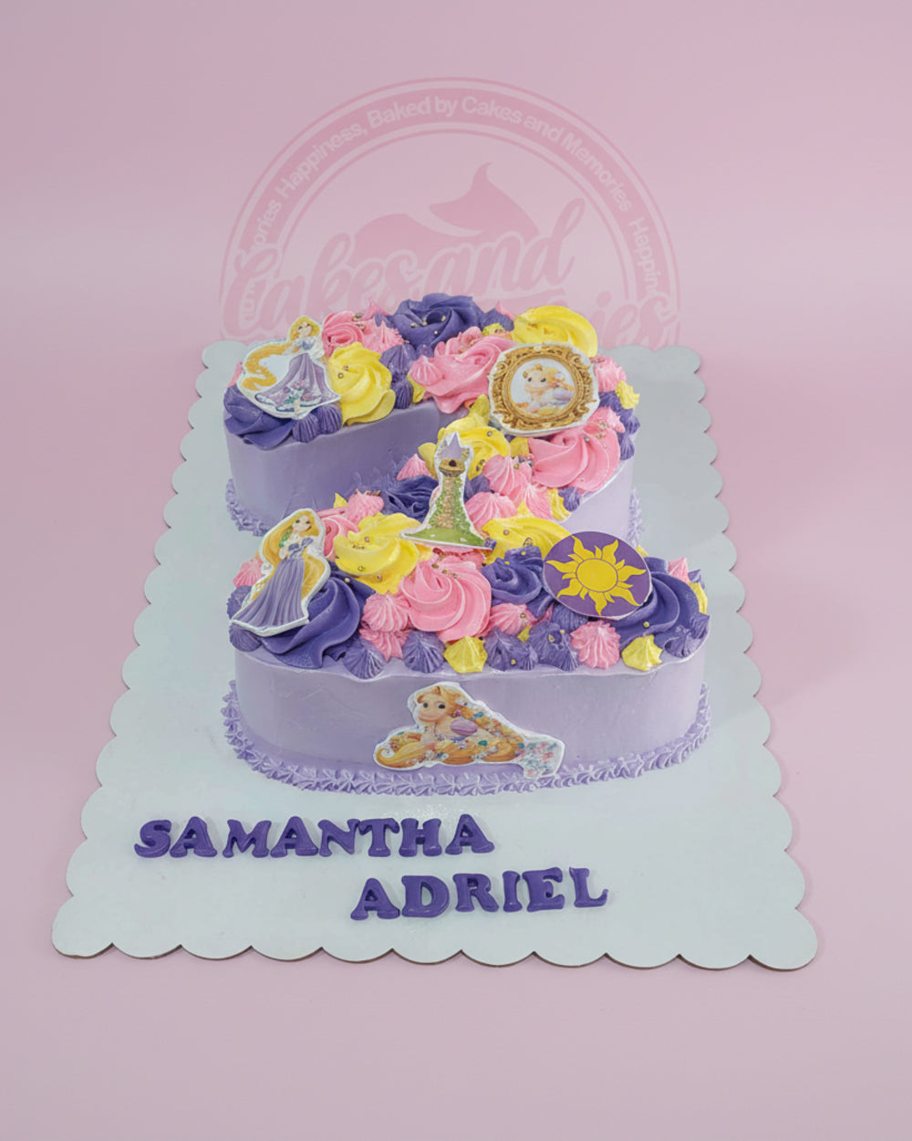 Number 2 Rapunzel birthday cake with lavender, pink, yellow buttercream, edible print toppers, 'Samantha Adriel 2'.
