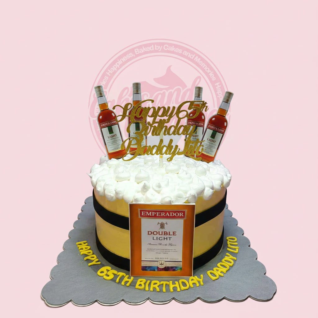 One-tier 65th birthday cake for Daddy Lito with an Emperador Double Light liquor theme, yellow, black, and white.