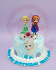One-tier Frozen birthday cake with Elsa edible print, Anna and Elsa toppers, crown, and snowflakes for Riley Anne's 4th birthday, light blue.