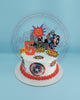 One-tier Captain America birthday cake for Zion's 5th birthday, with cityscape, comic bubbles, and red & blue accents.