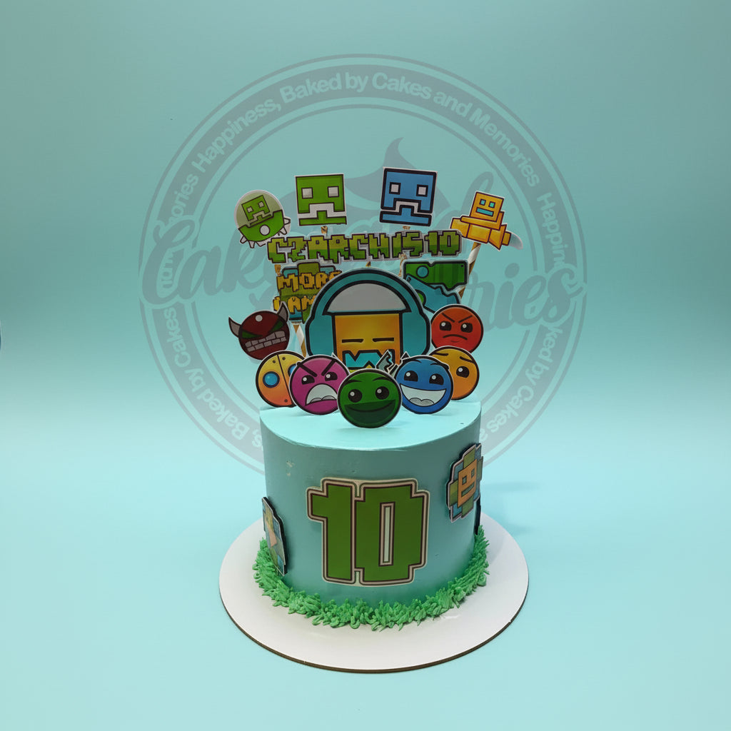 Geometry Dash 10th birthday cake with geometric character toppers, 'CZARCHIS10' and a large '10' cutout, in blue and green.