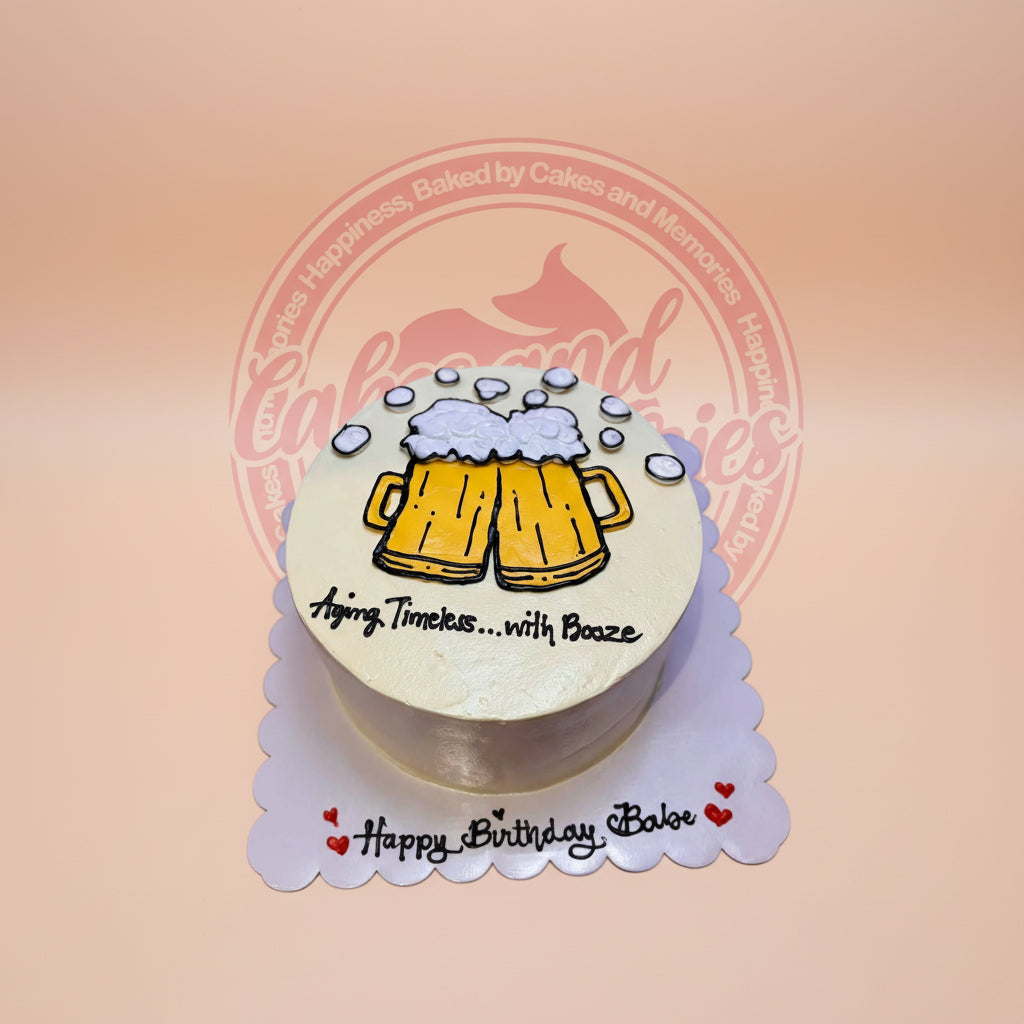 One-tier birthday cake with two yellow beer mugs, white foam, and 'Aging Timeless... with Booze' text on cream buttercream.