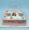 Rectangle edible photo birthday cake with a woman, colorful balloons, 
