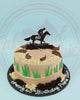 Custom 60th birthday cake with horse racing theme, jockey and horse topper, brown icing, green grass, and 'Happy 60th Birthday Papa Olan!' text.