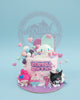 Pink one-tier Sanrio custom birthday cake for Zophia Qwynn's 7th birthday, featuring Cinnamoroll, My Melody, and Kuromi toppers.