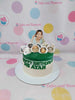 One-tier custom birthday cake with edible photo toppers of a smiling woman and babies, green and white icing, 