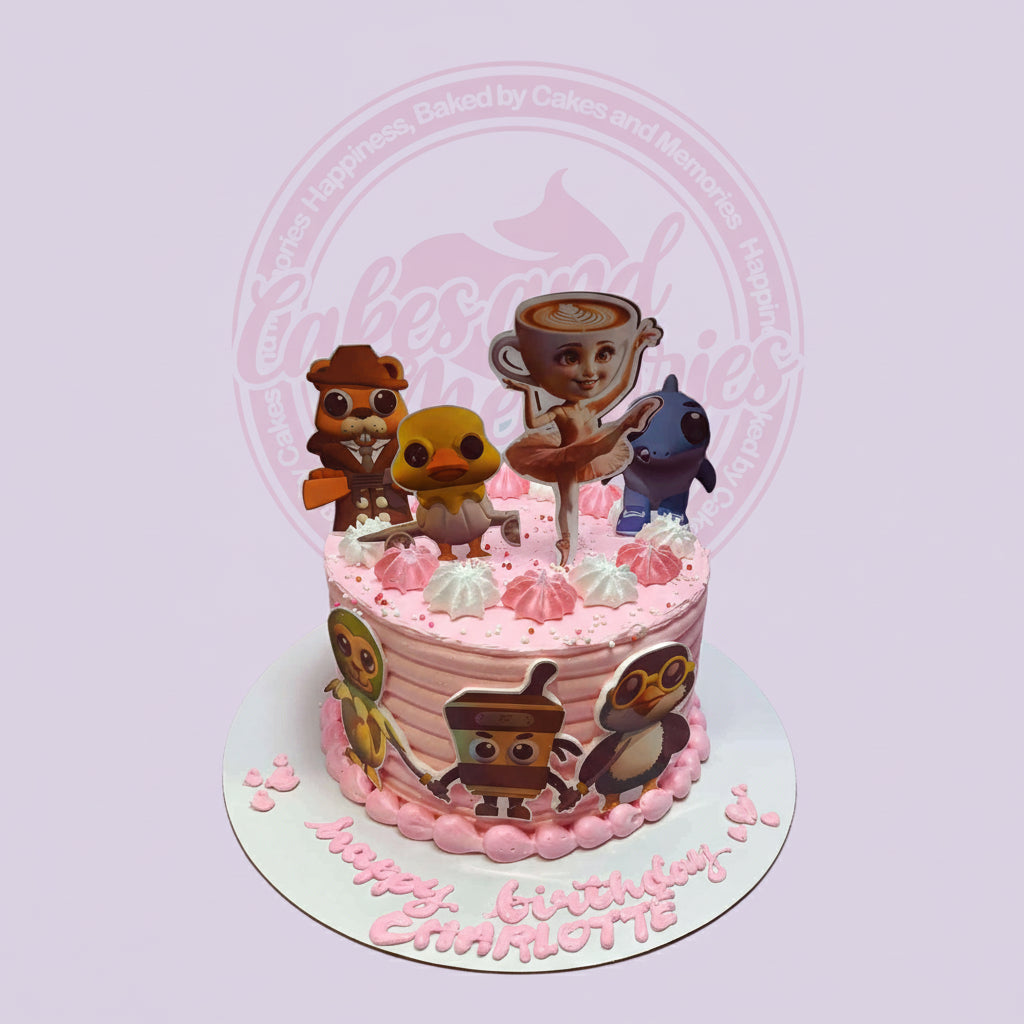 One-tier round Bebefinn and Stitch birthday cake with pink ribbed buttercream, character toppers, side prints, and "Happy Birthday Charlotte" text.
