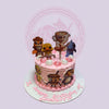 One-tier round Bebefinn and Stitch birthday cake with pink ribbed buttercream, character toppers, side prints, and 