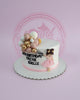 One-tier custom birthday cake with fondant girl holding gold, rose gold, and white balloons, and '5TH BIRTHDAY TREXIE EDELLE' text.