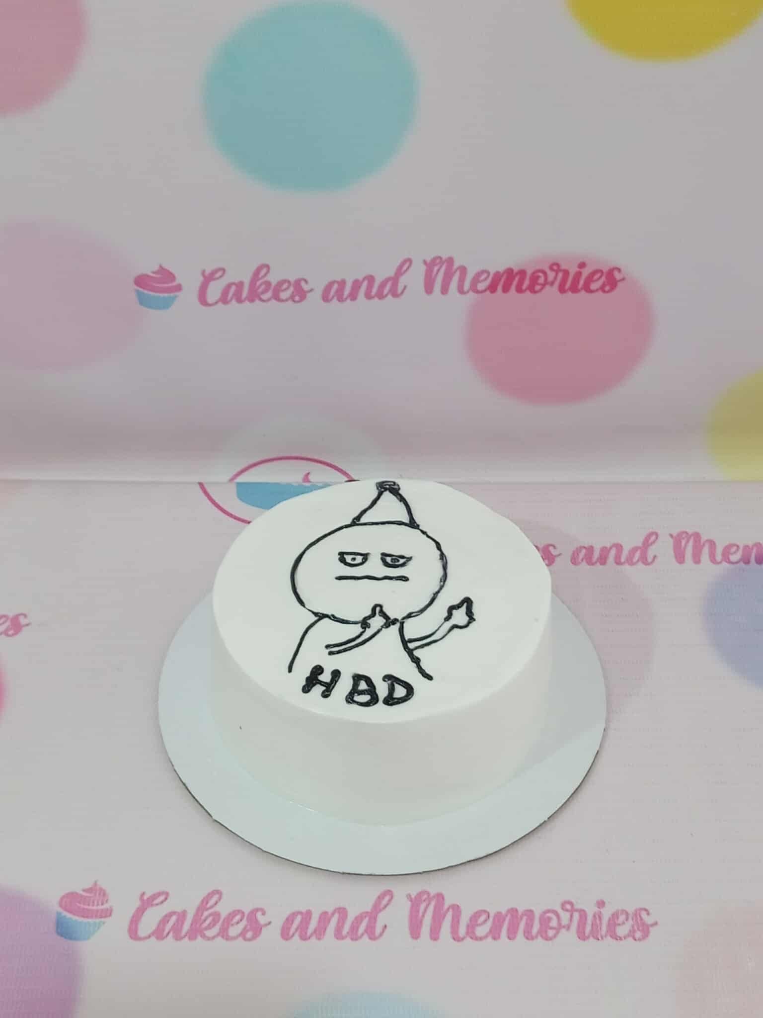 One-tier custom birthday cake with a hand-piped humorous character wearing a party hat and 'HBD' text on white icing.