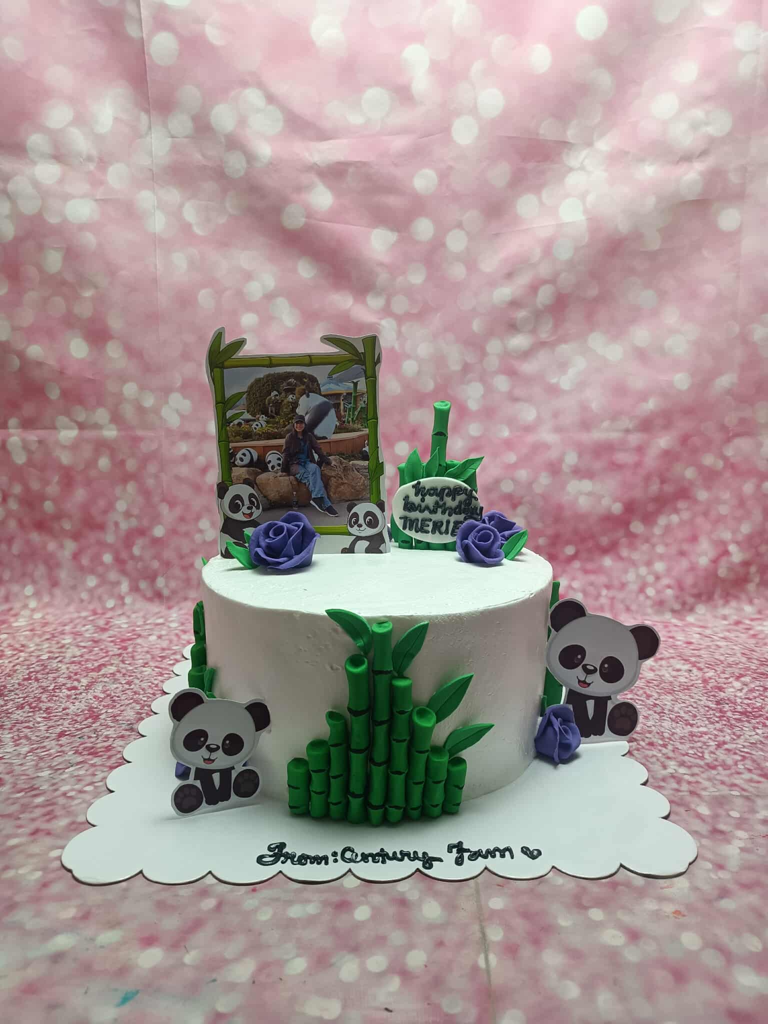One-tier panda birthday cake with edible photo, bamboo, cute panda cutouts, and purple roses, featuring 'Happy Birthday MERIE'.