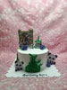 One-tier panda birthday cake with edible photo, bamboo, cute panda cutouts, and purple roses, featuring 'Happy Birthday MERIE'.