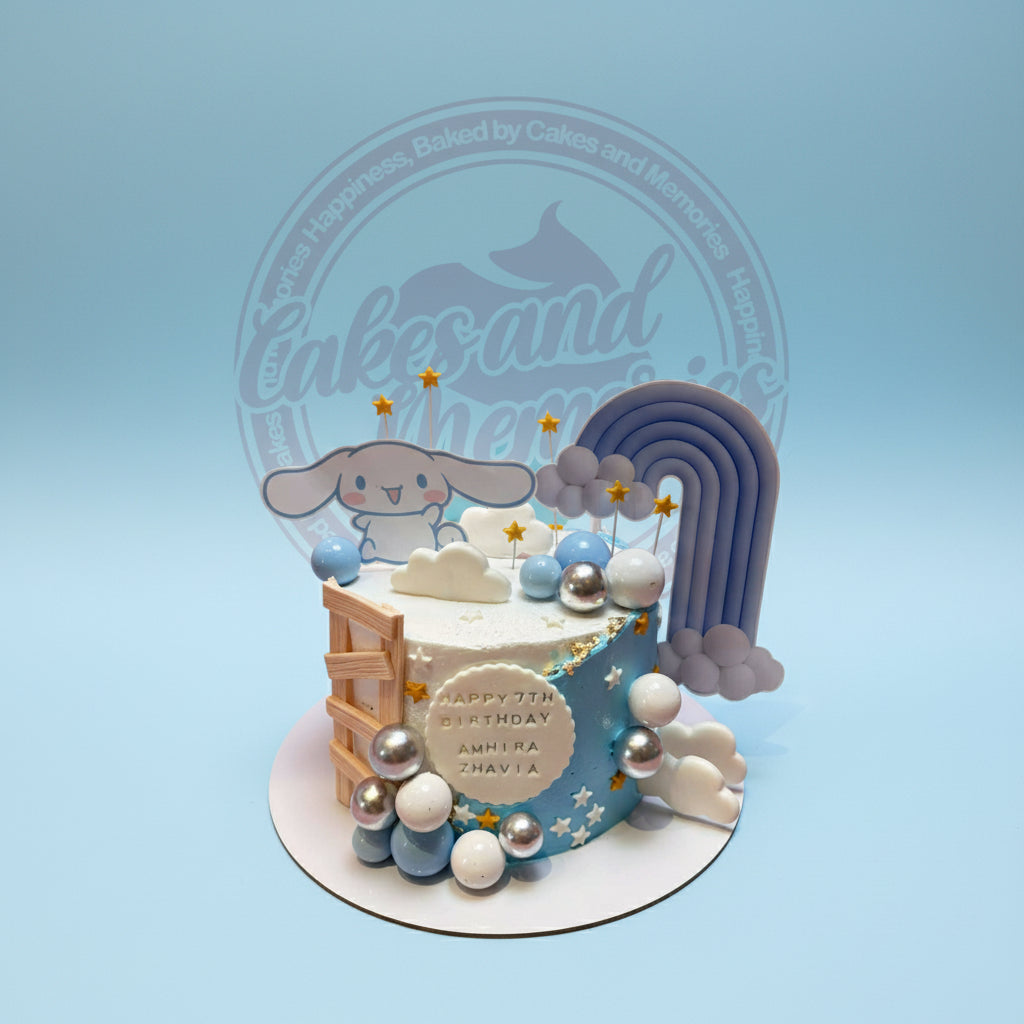 One-tier Cinnamoroll birthday cake with sky theme, blue/white icing, rainbow, clouds, stars, and 'Happy 7th Birthday Amhira Zhavia' plaque.