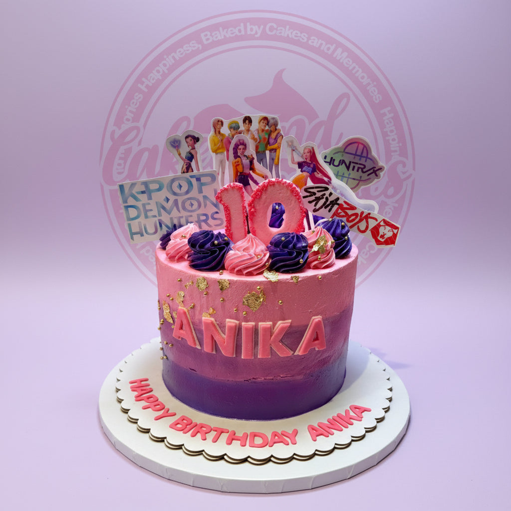 One-tier K-pop themed birthday cake for Anika's 10th birthday, with pink and purple ombre buttercream and character toppers.
