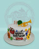 One-tier custom birthday cake with sports and music fondant decorations, including baseball, trumpet, guitar, and 