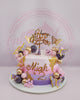 One-tier Miah is 2 birthday cake with pink-to-purple gradient buttercream, gold brushstrokes, spheres, and butterfly toppers.
