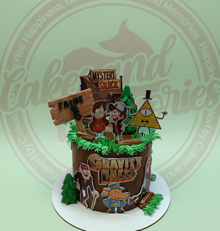 One-tier Gravity Falls cake with wood-textured buttercream, Dipper, Mabel, Bill Cipher, Grunkle Stan toppers, and 'ZAINE 6' sign.