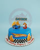 1-tier Hot Wheels birthday cake with vibrant blue buttercream, checkered flag base, flames, car, and 
