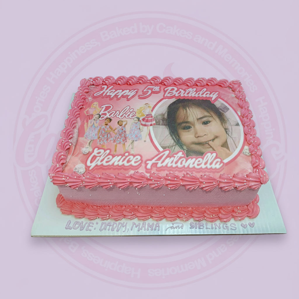 Rectangle Barbie birthday cake with edible photo of Glenice Antonella for her 5th birthday, pink buttercream & pearls.
