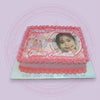 Rectangle Barbie birthday cake with edible photo of Glenice Antonella for her 5th birthday, pink buttercream & pearls.