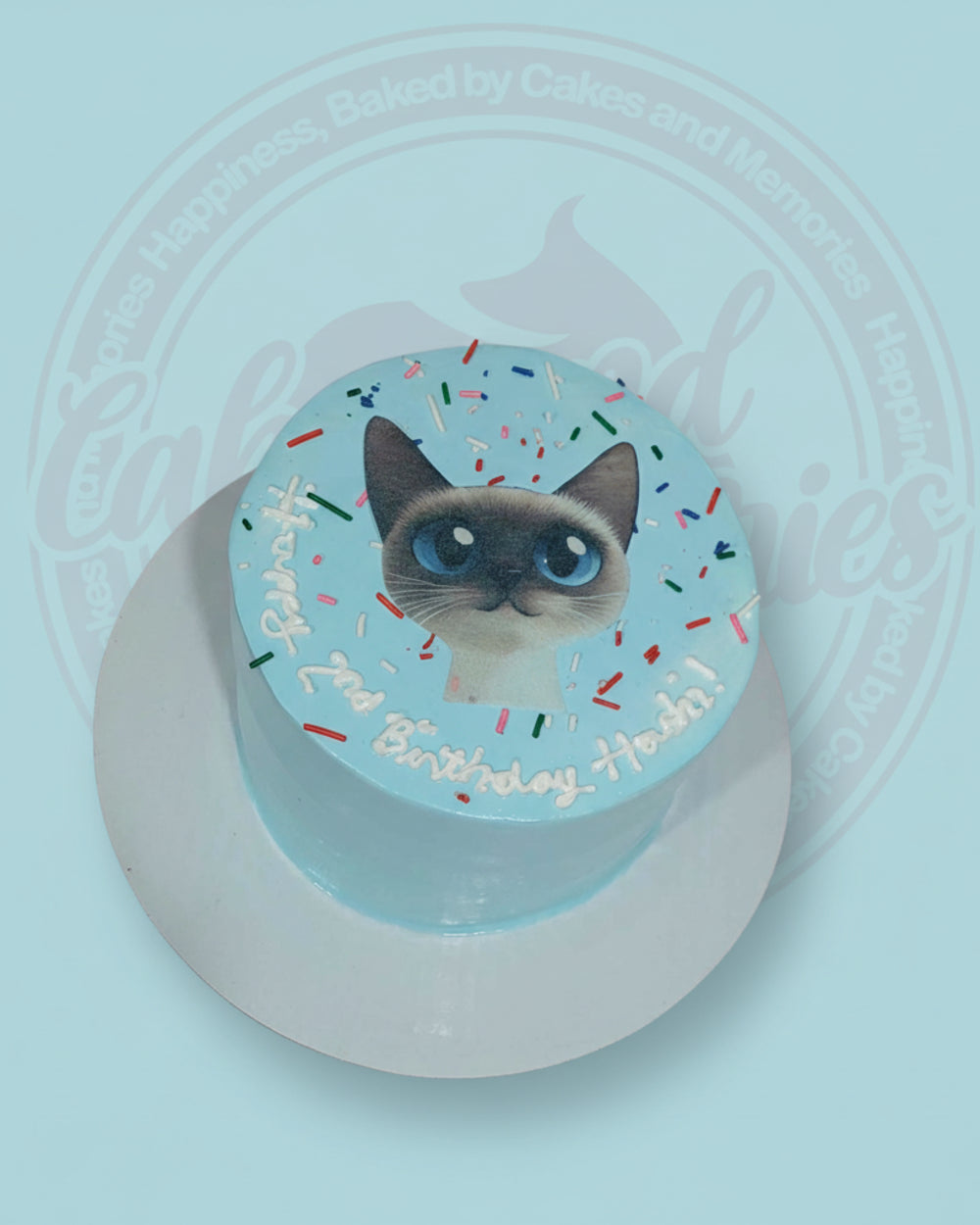One-tier blue birthday cake with an edible print of a cute cat, colorful sprinkles, and 'Happy 2nd Birthday Hoshi!' text.