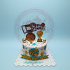 One-tier basketball birthday cake with gold trophy, 'Happy Birthday' topper, age 6, and 'hubby love' message in white, blue, and gold.