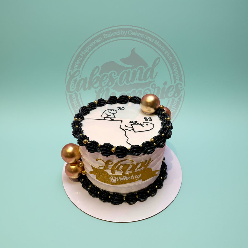 Custom birthday cake with white, black, and gold colors, featuring Flork meme characters for ages 40 and 33, and a 'Happy Birthday' topper.
