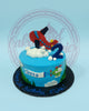 One-tier round birthday cake with blue buttercream, red airplane, number 2, green helicopter, and 'Happy 2nd Birthday Elijah!'.