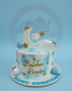 One-tier christening cake with blue and white airbrushed clouds, gold moon and stars, personalized for Raidun Drake.