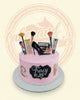 One-tier pink buttercream cake with makeup and black high-heel shoe toppers, edible pearls, and 'Tracy @ 28' plaque. Custom fashion birthday cake.