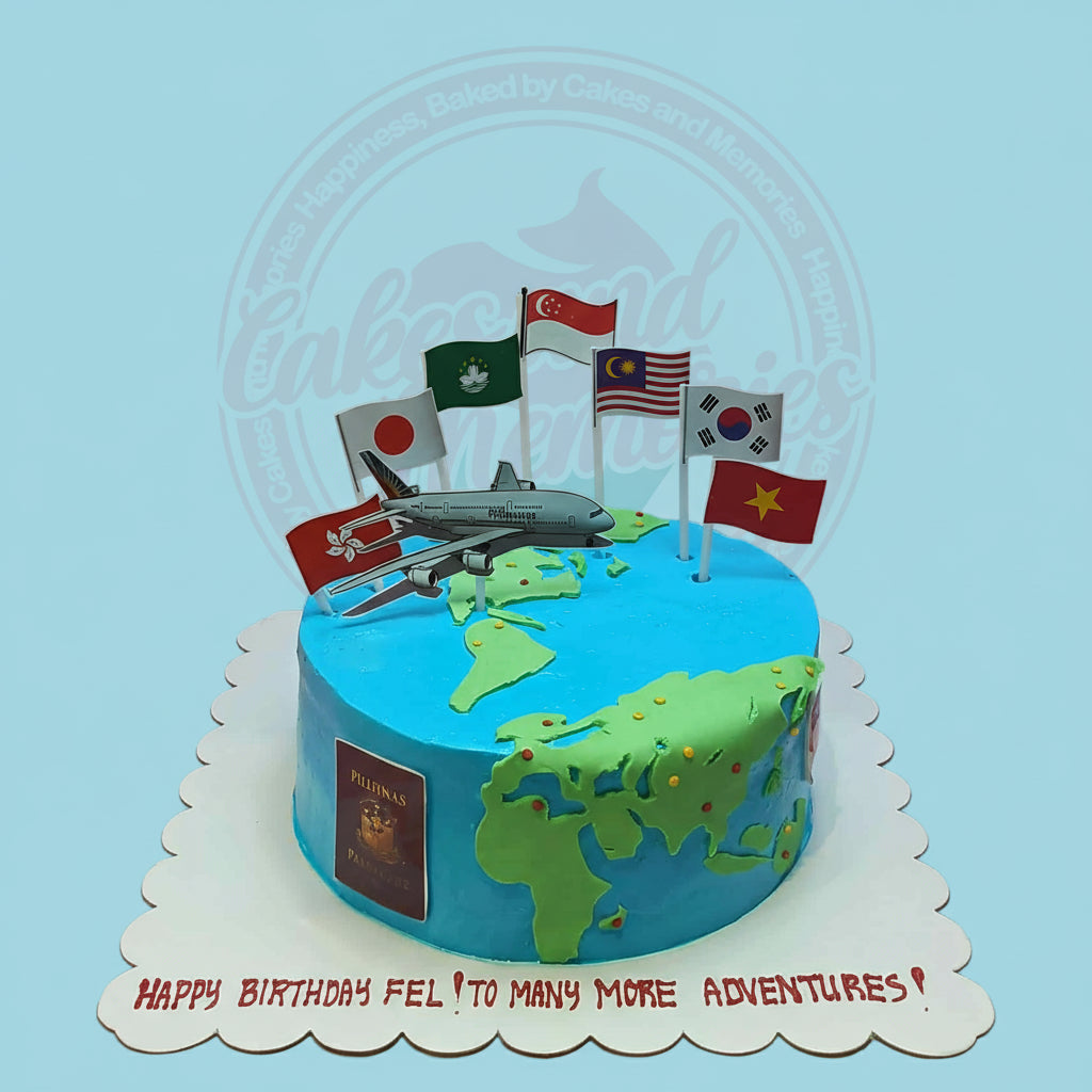 One-tier travel-themed birthday cake with blue ocean, green continents, country flags, airplanes, and a Philippine passport. Text: Happy Birthday Fel.