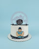 One-tier custom birthday cake with a gym theme, featuring a muscular man print, barbell, dumbbells, and 'Happy Birthday Jomore!' topper in white, blue, and grey.
