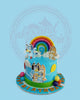 One-tier Bluey birthday cake with character printouts, rainbow, and '9' topper on vibrant blue buttercream.