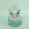 One-tier custom birthday cake featuring a cute mint green fuzzy monster with a friendly smile, personalized with 'HAPPY BIRTHDAY JIA'.