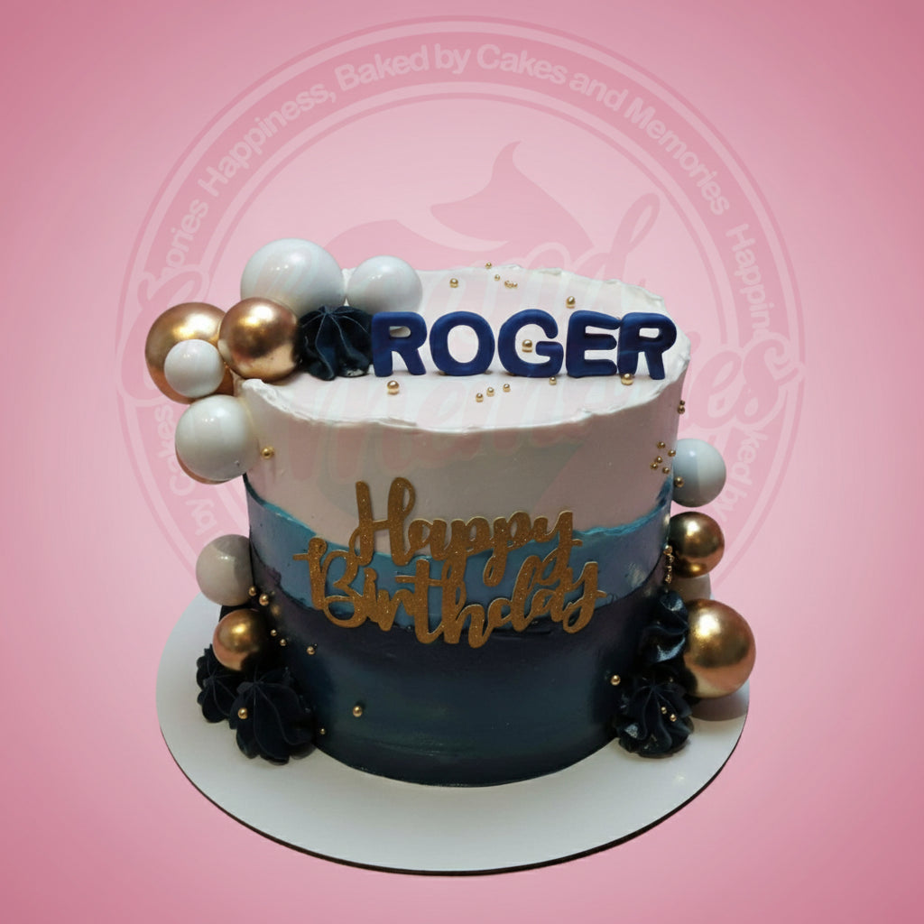 One-tier blue gradient birthday cake for Roger with gold and white spheres, sprinkles, and "Happy Birthday" topper.
