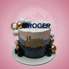 One-tier blue gradient birthday cake for Roger with gold and white spheres, sprinkles, and 