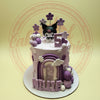 One-tier Kuromi birthday cake with a Kuromi topper, number 5, rainbow, purple flowers, and 'MILLIE' in lavender and white.
