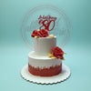 Two-tier custom birthday cake for Lola Remy's 80th with red roses, golden leaves, and a red topper, in white and red.