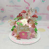 Delight in this enchanting pink Fairy Cake, adorned with whimsical mushrooms and charming fairies, perfect for baby birthday celebrations. Celebrate with a customized 1-layer, 1-tier masterpiece inspired by Tinkerbell and Winx, designed to make every moment magical.