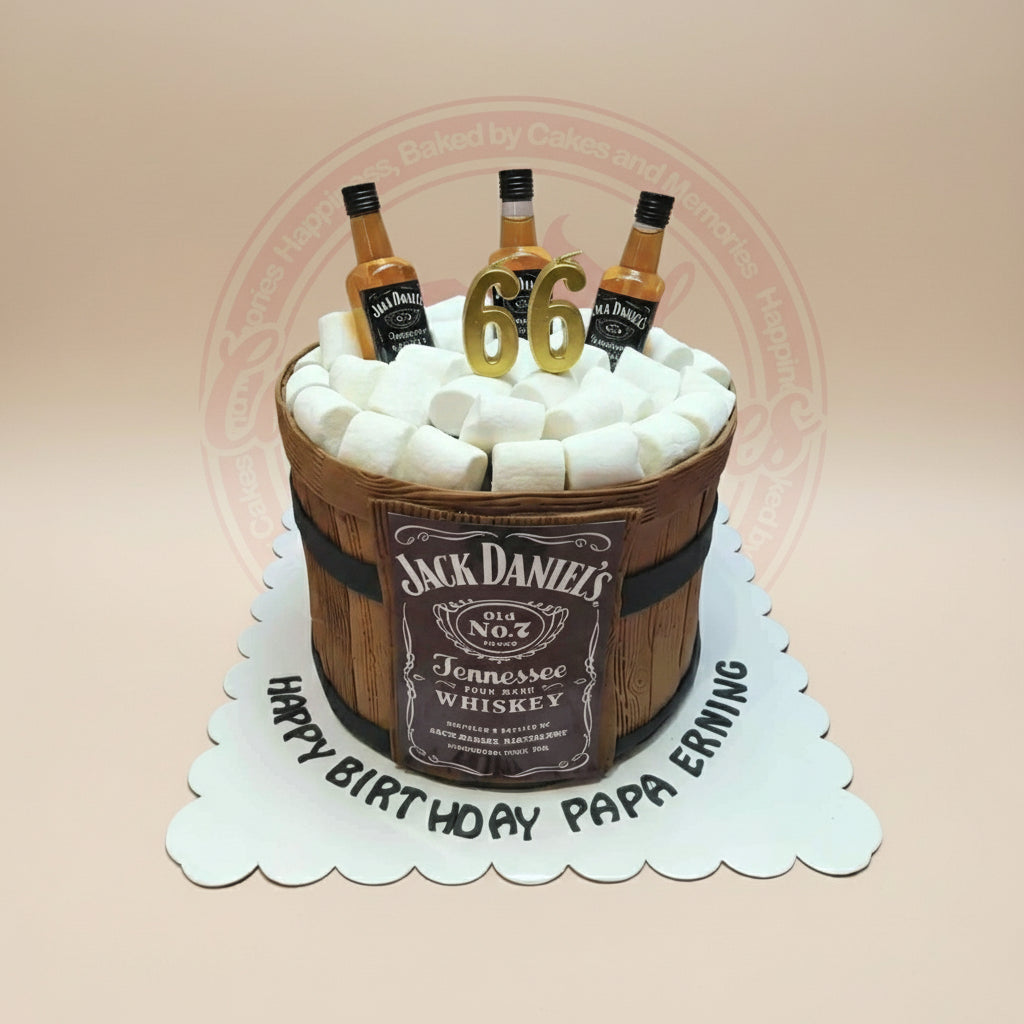 One-tier Jack Daniel's barrel birthday cake with marshmallows, mini whiskey bottles, '66' candles, and 'HAPPY BIRTHDAY PAPA ERNING'.