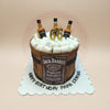 One-tier Jack Daniel's barrel birthday cake with marshmallows, mini whiskey bottles, '66' candles, and 'HAPPY BIRTHDAY PAPA ERNING'.