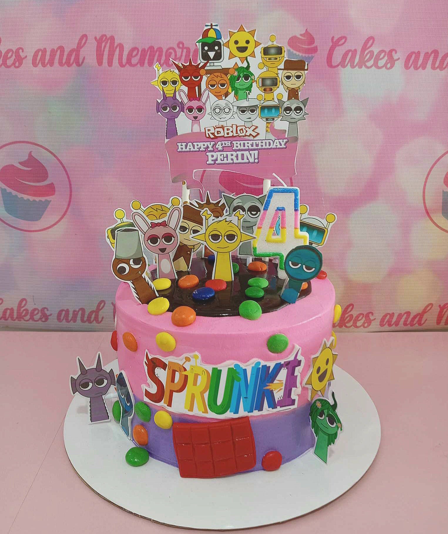 The Sprunki Cake features stunning pink and purple ombre icing with a delightful Roblox theme, perfect for a 4th birthday celebration for Perin. Adorned with a number four candle, printout toppers, and colorful candies, this 1-tier masterpiece captures the essence of fun and adventure in the world of video games.