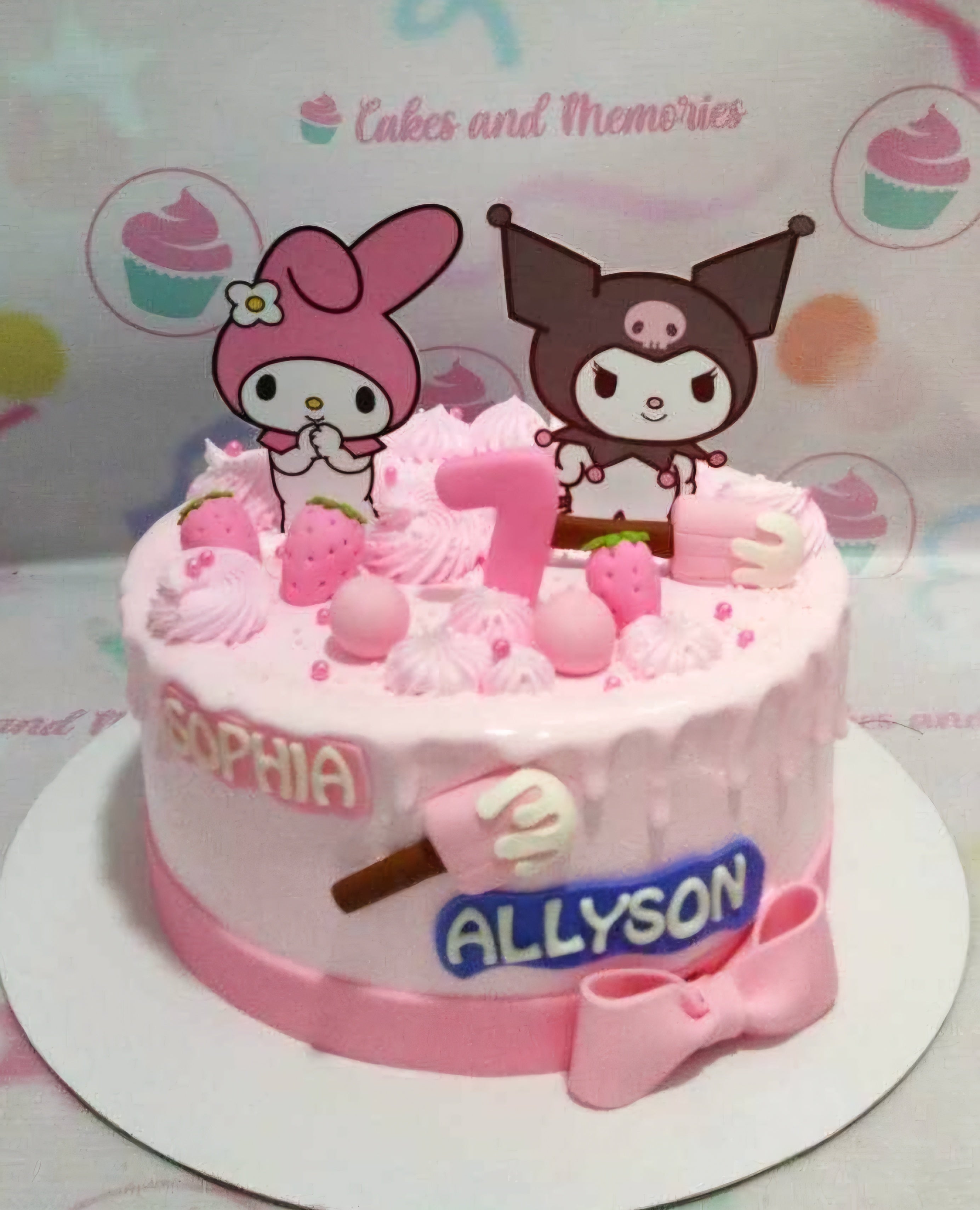 Featured is a charming My Melody Cake adorned with pink accents and playful kuromi elements, perfect for any Sanrio fan. This single-tier creation showcases cute printout toppers of Hello Kitty and friends, finished with a delightful pink ribbon for that extra touch of cuteness.