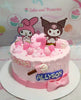 Featured is a charming My Melody Cake adorned with pink accents and playful kuromi elements, perfect for any Sanrio fan. This single-tier creation showcases cute printout toppers of Hello Kitty and friends, finished with a delightful pink ribbon for that extra touch of cuteness.