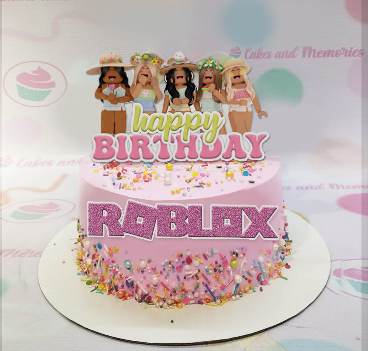 This Roblox cake features a pink design adorned with candy sprinkles and playful printout toppers, perfect for any young gamer’s birthday celebration. Ideal for Roblox girls, it showcases themed hats and vibrant characters in a single tier, making it a delightful centerpiece for kids and teens alike.