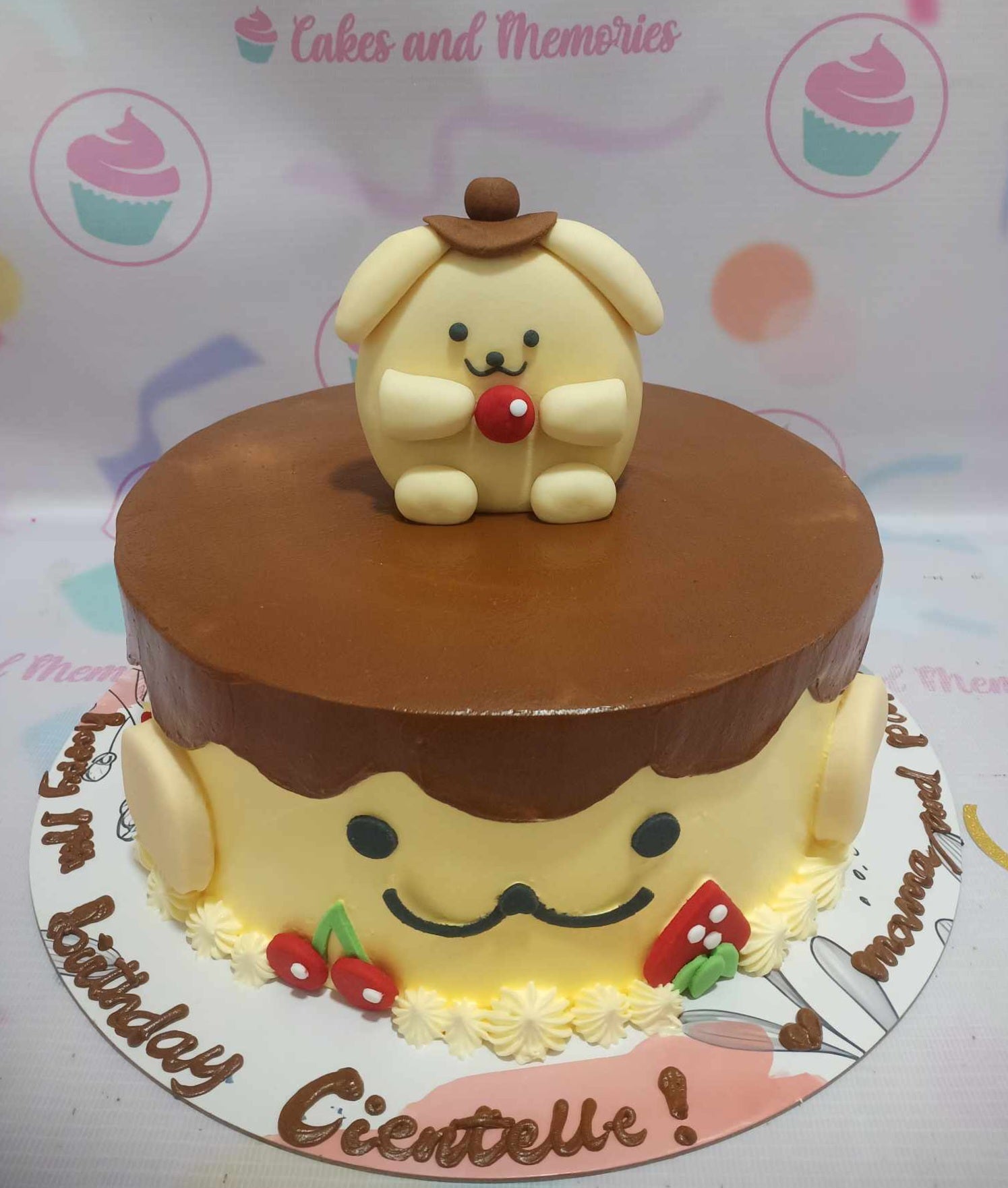 This adorable Pompompurin Cake features a charming brown design inspired by Sanrio's beloved character, perfect for fans of Purin, Hello Kitty, and friends. It is a single-layer, one-tier masterpiece that adds a whimsical touch to any celebration.