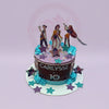 Custom buttercream Valorant birthday cake with Raze, Sage, Jett toppers, glitter stars, and 'Carlysse 10' in purple, teal, and brown.