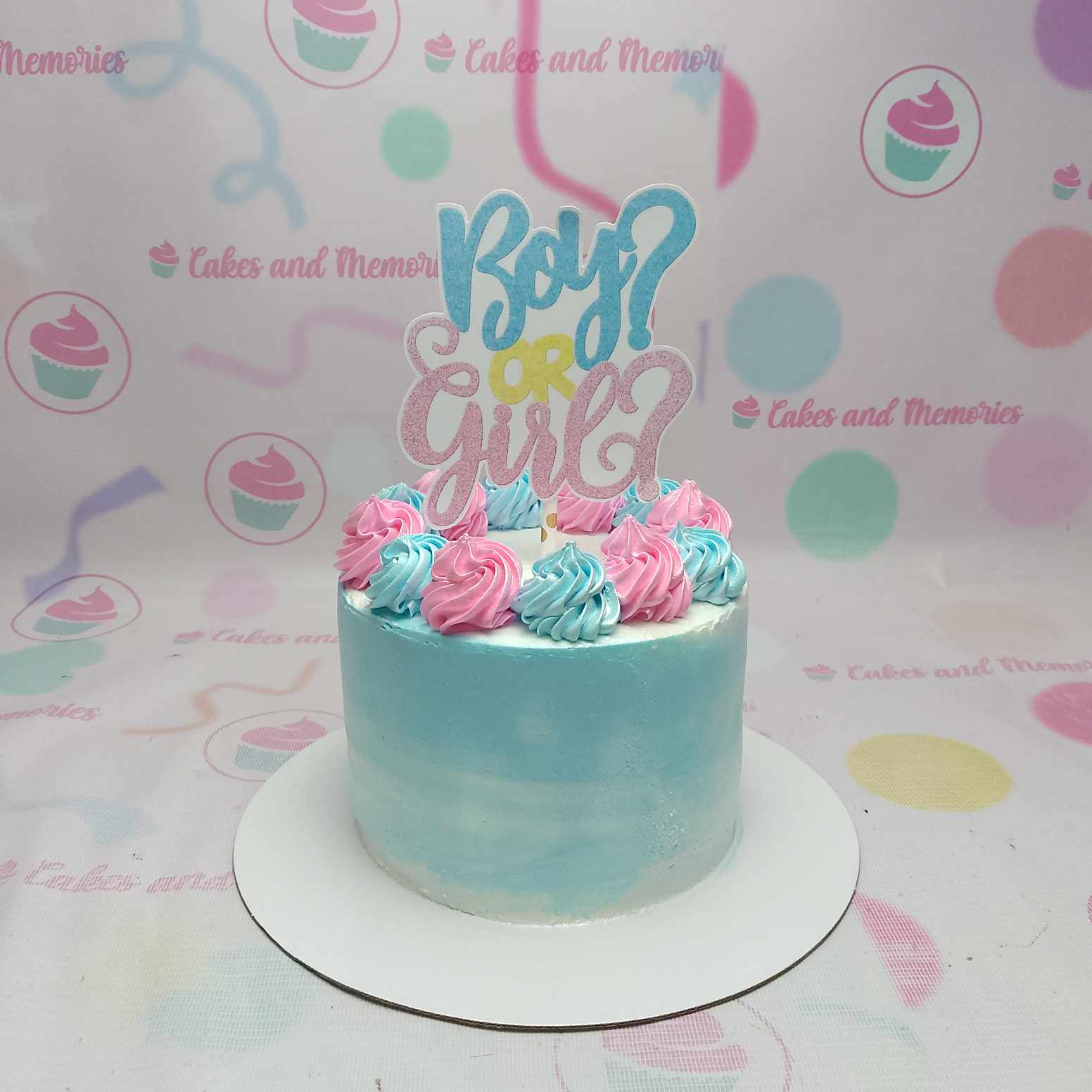 Celebrate your special moment with this stunning Gender Reveal Cake, featuring a charming blue design and a playful "He or She" topper. Perfect for baby showers, this customized 1-layer, 1-tier cake beautifully highlights the excitement of welcoming a baby boy or girl.