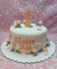 This charming garden cake features smooth white fondant adorned with playful orange decorations, including mushrooms and delicate butterflies. Celebrating Eloise Jade's 1st birthday, the single-tier design proudly showcases the number 1.